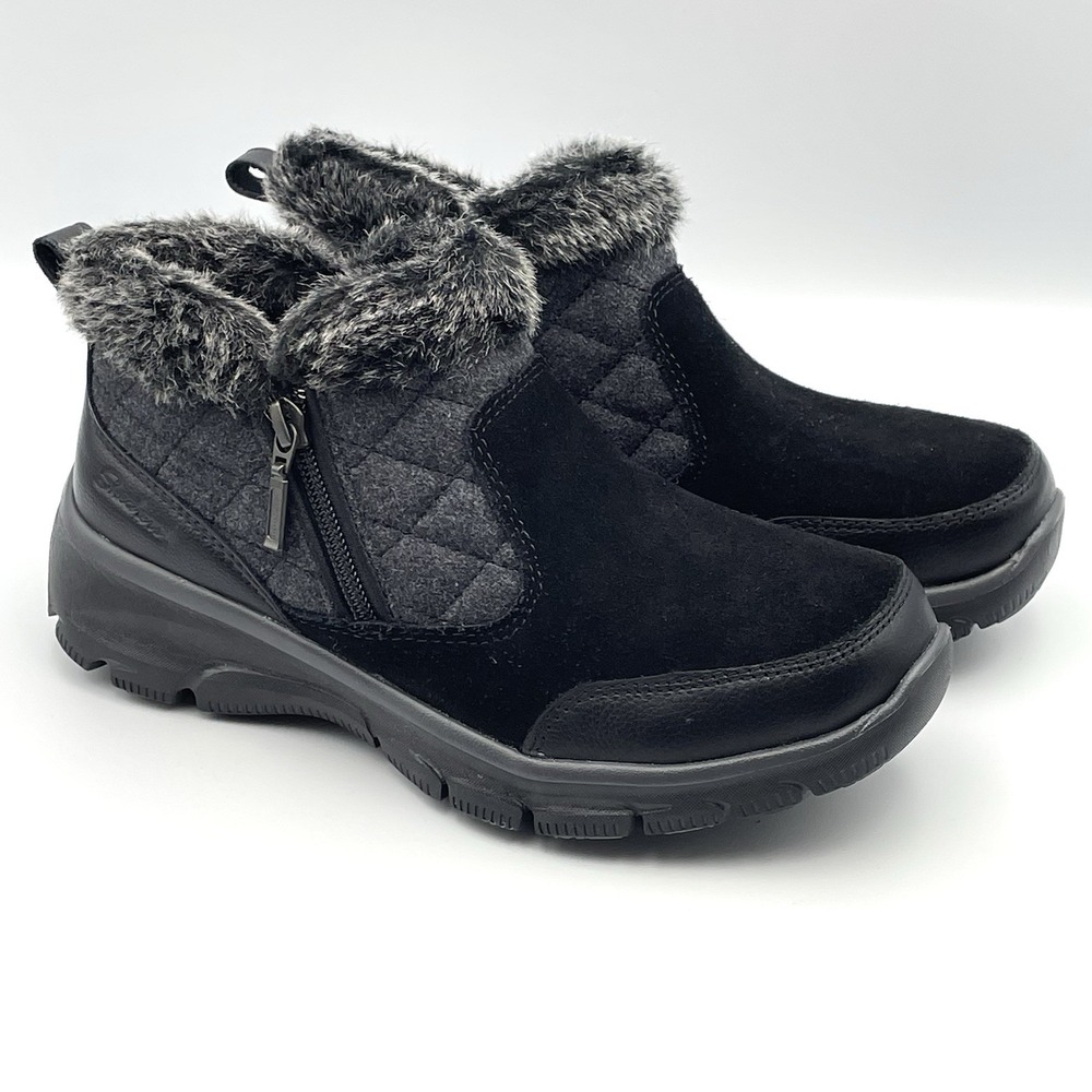 Skechers Relaxed Fit Womens Size 6 Black Faux Fur Ankle Boots Memory Foam